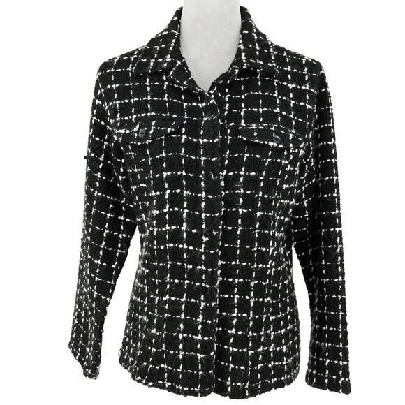 Chicos Jacket 1 Womens 8 Medium Black White Plaid Tweed Blazer Front Pockets - Picture 1 of 16